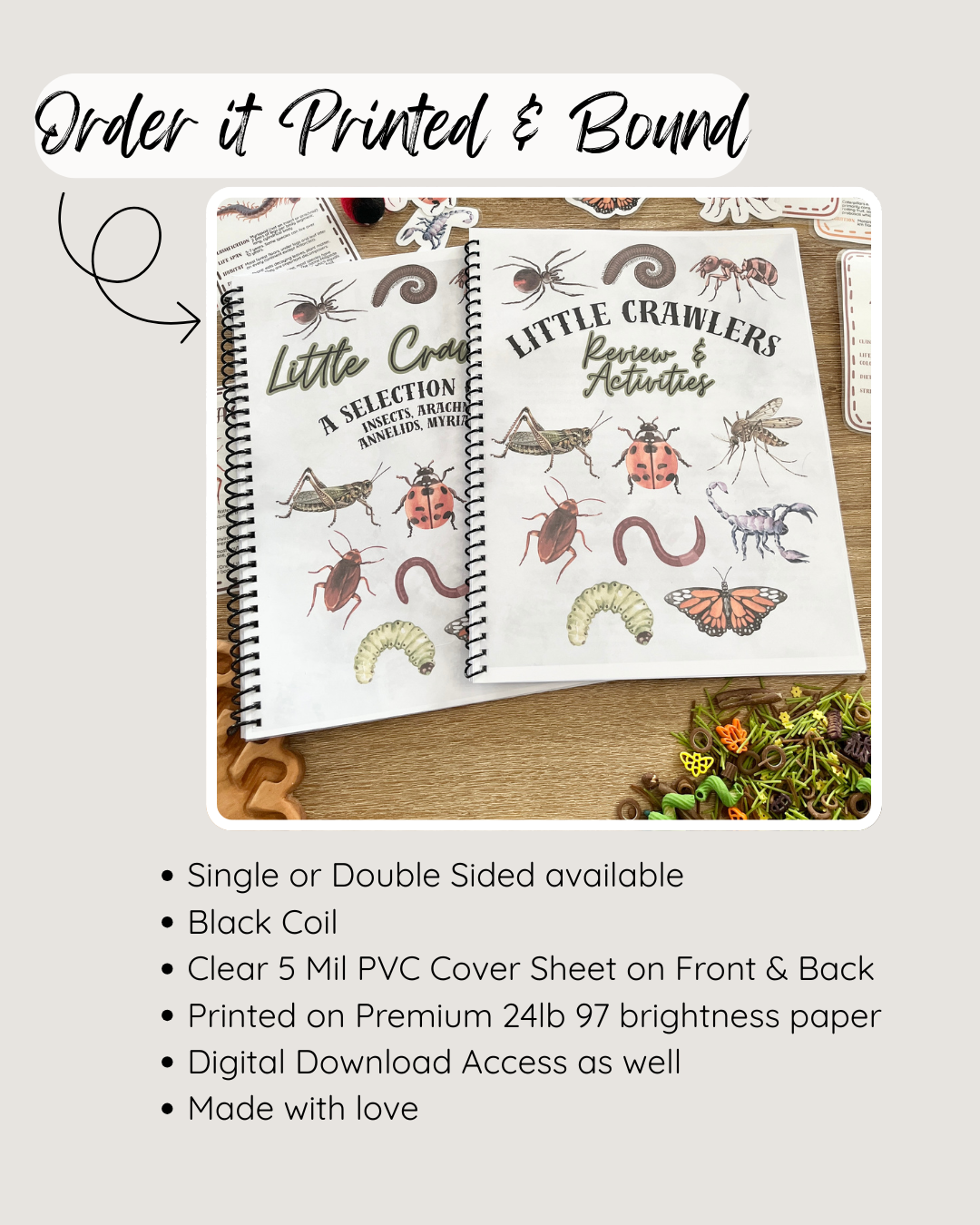 Printed and bound homeschool activity books featuring illustrated insects and arachnids on the cover, displayed on a wooden surface with sensory filler, Digital Download or Print & Bound - The House at Pooh Corner Book Study, handcrafted homeschool education resources.