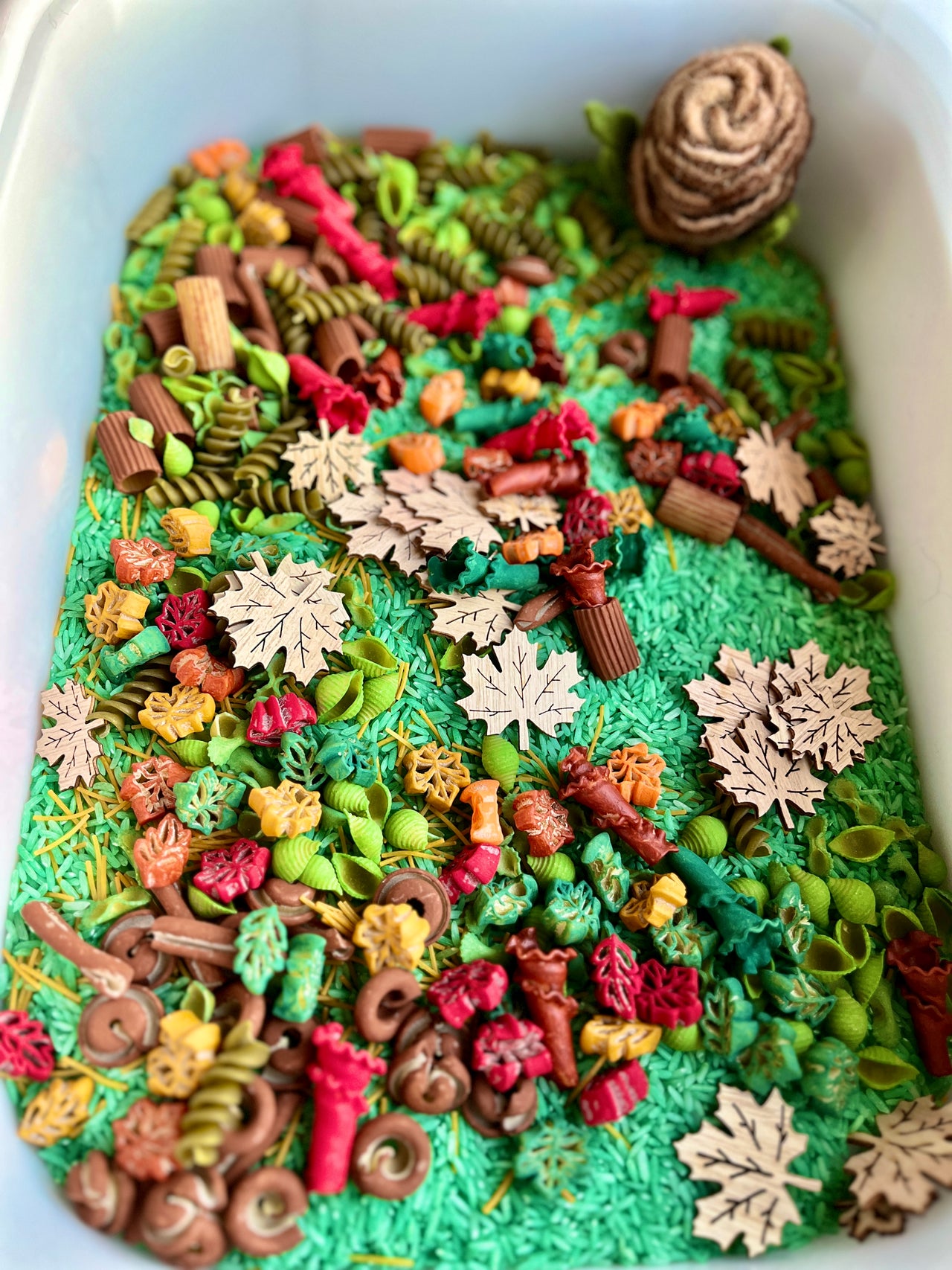 White bin filled with green rice, colorful pasta shapes, and wooden cutout leaves with a brown felt pinecone nearby