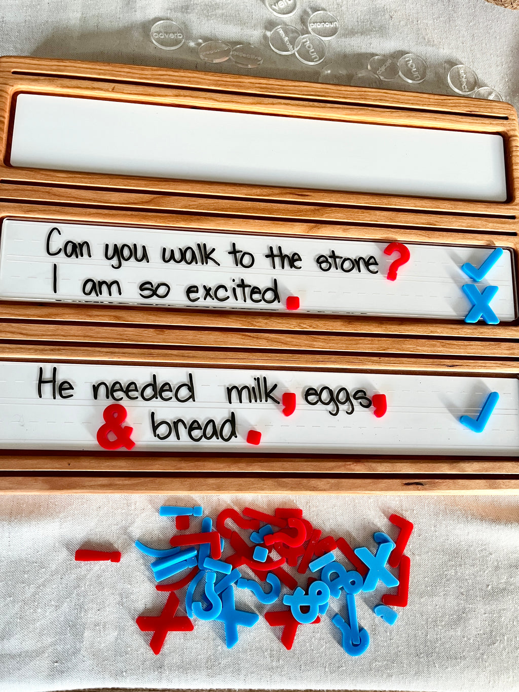 Wooden Sentence & Learning Tray | Open Ended Literacy Board | Math & Play showcasing handcrafted wood trays with dry-erase panels featuring handwritten sentences, punctuation magnets, and homeschool educational resources.