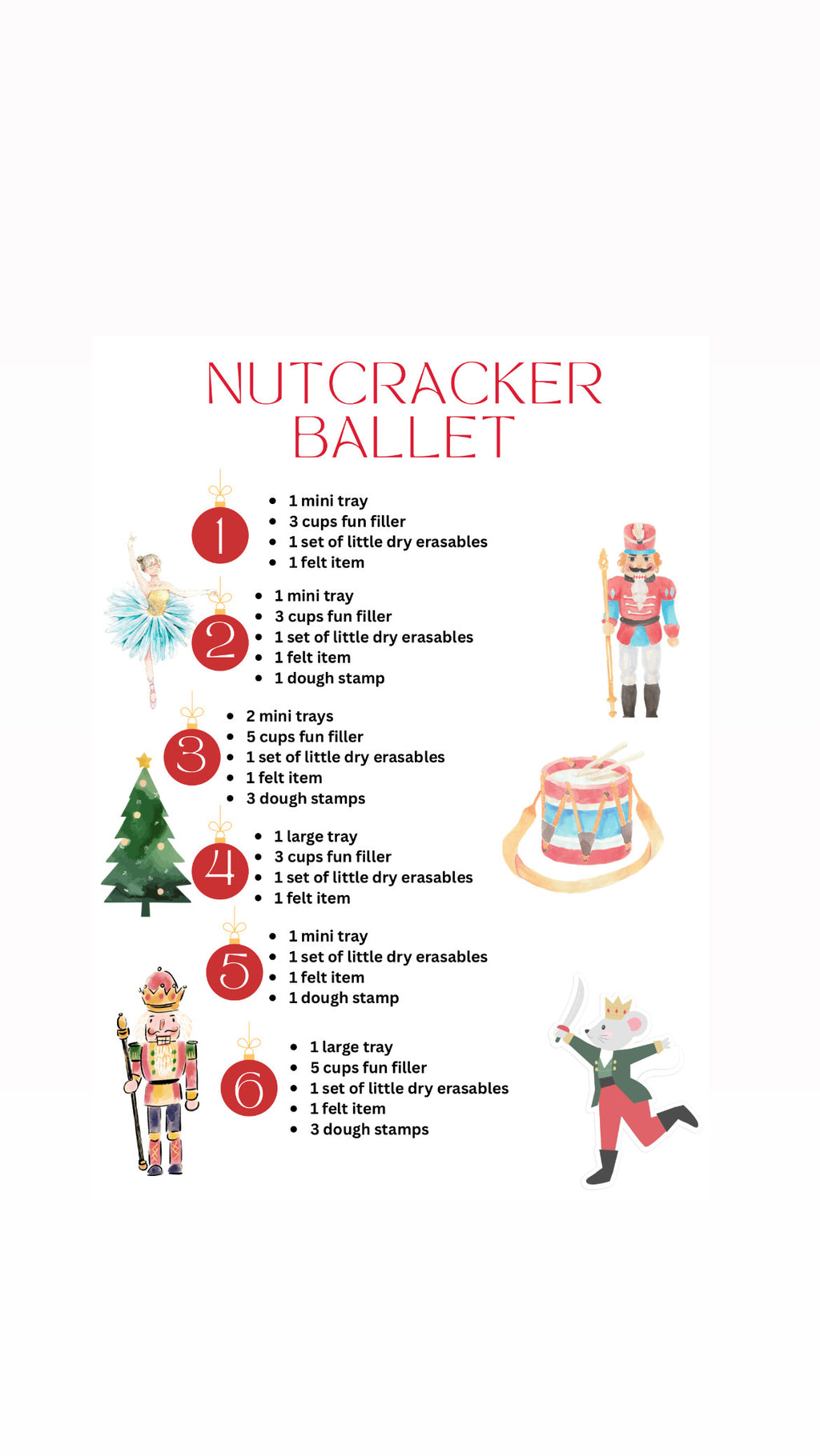 Nutcracker Ballet activity list numbered 1 to 6 with festive illustrations of ballerina, nutcracker, tree, drum, soldier, and mouse king