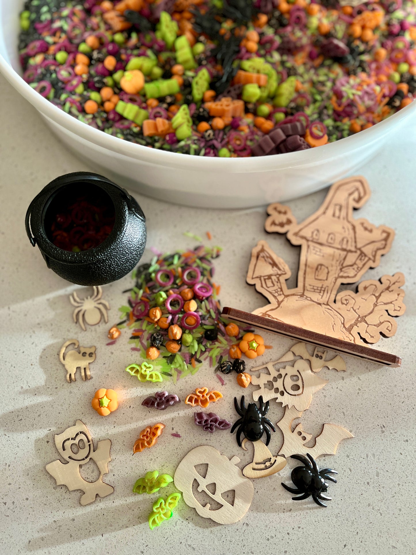 Witchy Halloween Fun Filler Sensory Kit with Cauldron and Laser Cut Haunted House