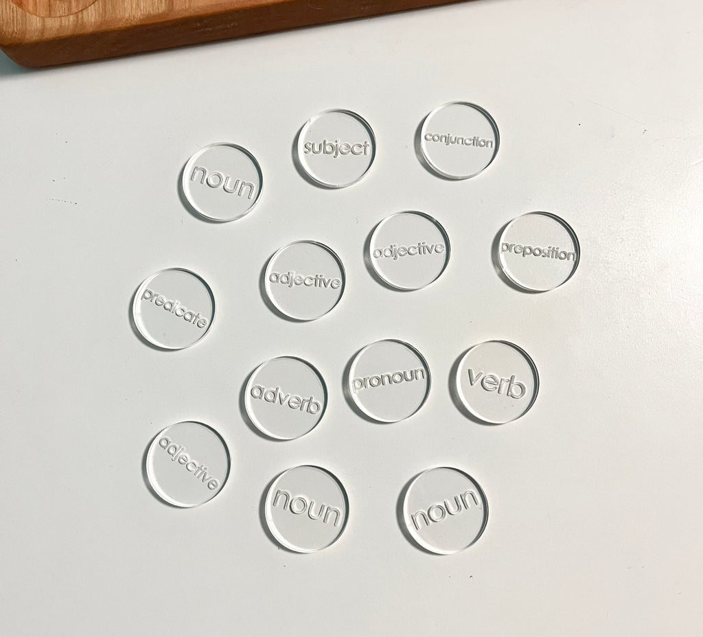 Mini Wood or Clear Acrylic Parts of Speech / Grammar Label Discs featuring clear acrylic discs engraved with various parts of speech terms, handcrafted homeschool educational resources for grammar learning.