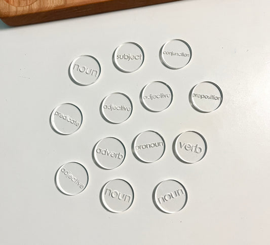 Mini Wood or Clear Acrylic Parts of Speech / Grammar Label Discs