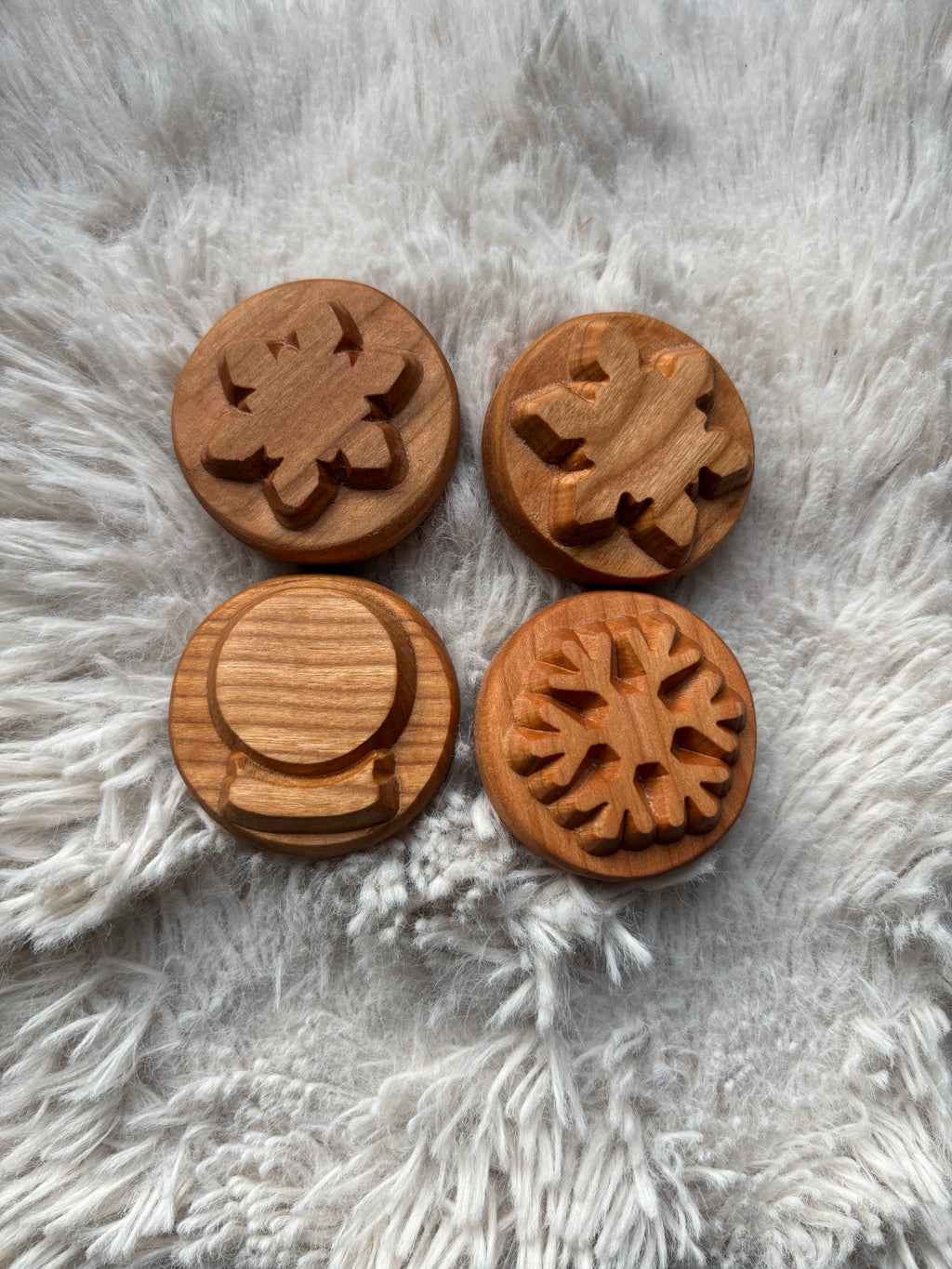 Ready to Ship, Playdough Stampers Winter handcrafted wooden stampers featuring carved winter motifs including a mitten, snowflake, snow globe, and icicle, unique homeschool education resources and wood toys.