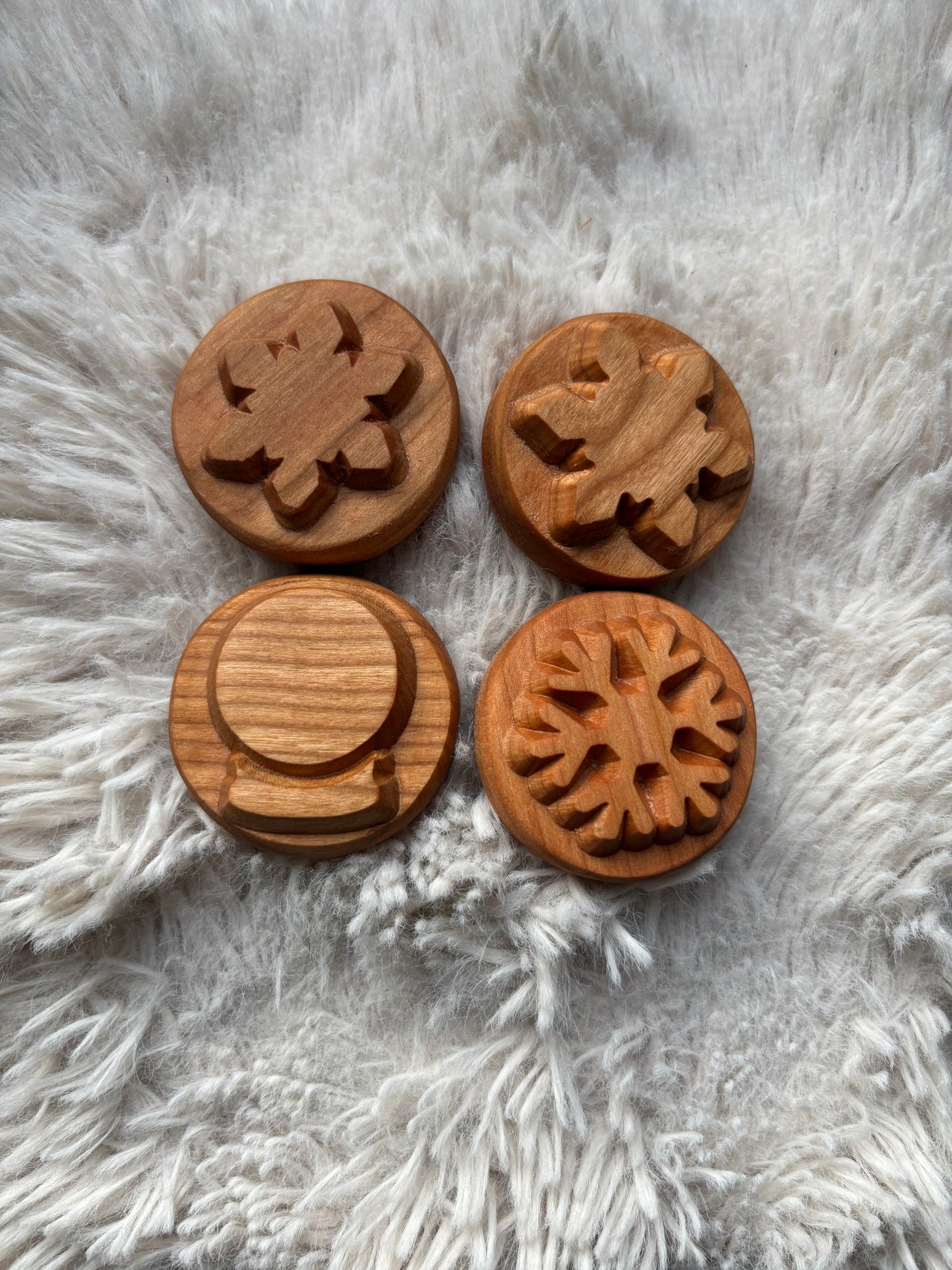 Ready to Ship, Playdough Stampers Winter handcrafted wooden stampers featuring carved winter motifs including a mitten, snowflake, snow globe, and icicle, unique homeschool education resources and wood toys.