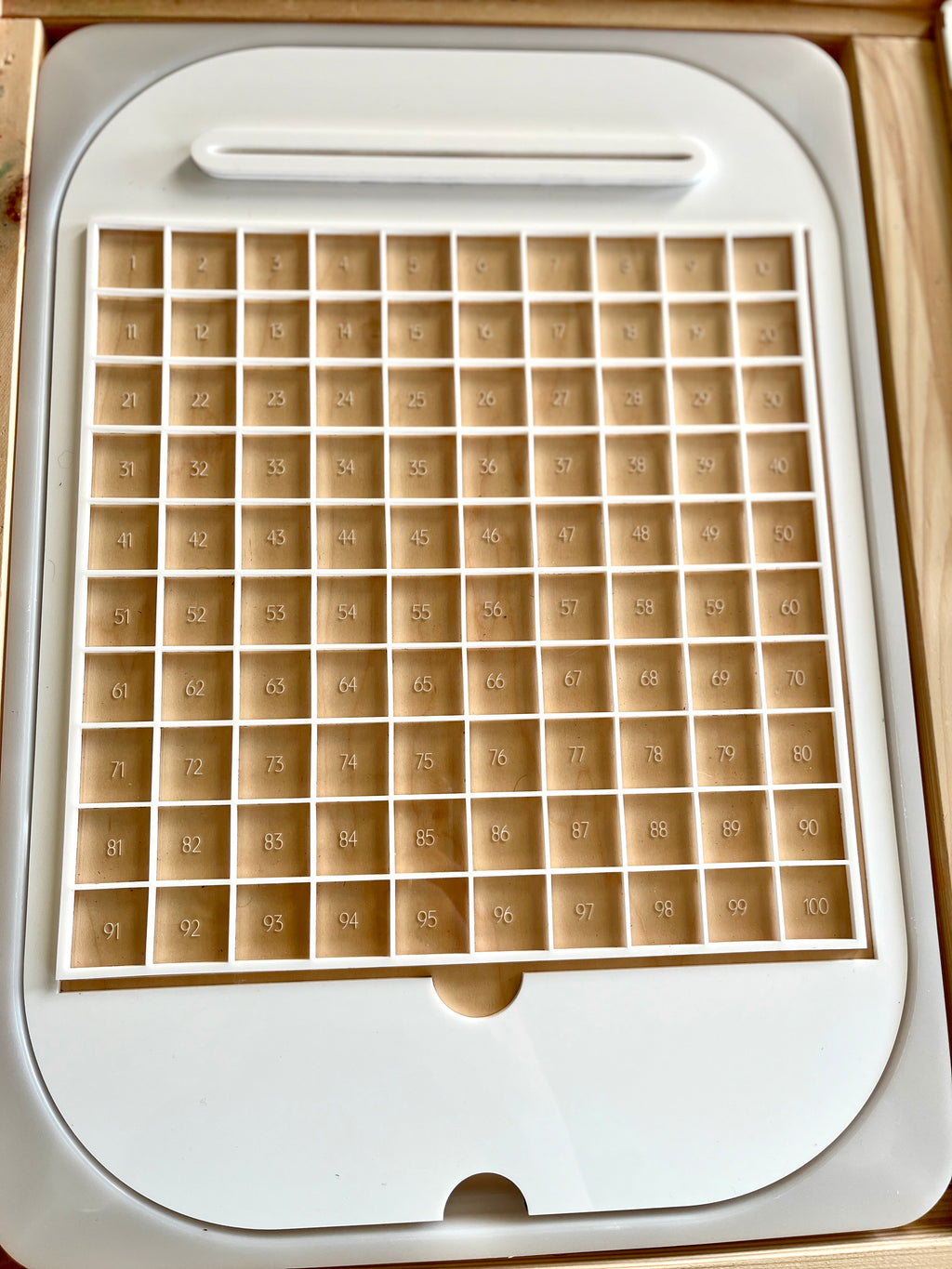 White plastic grid with 100 numbered square compartments arranged in a 10 by 10 layout on a beige tray