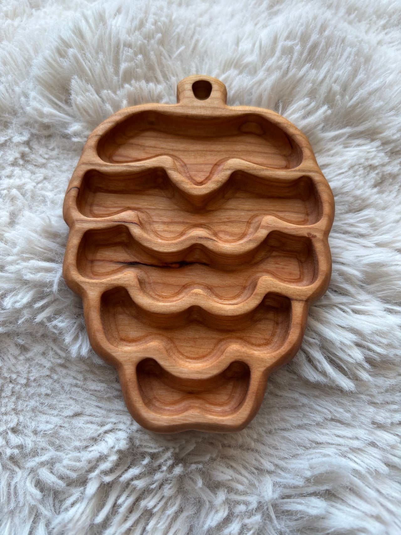 Ready to Ship, Pinecone Mini Tray carved from natural wood with segmented compartments, designed as a handcrafted homeschool educational resource and sensory filler wood tray.