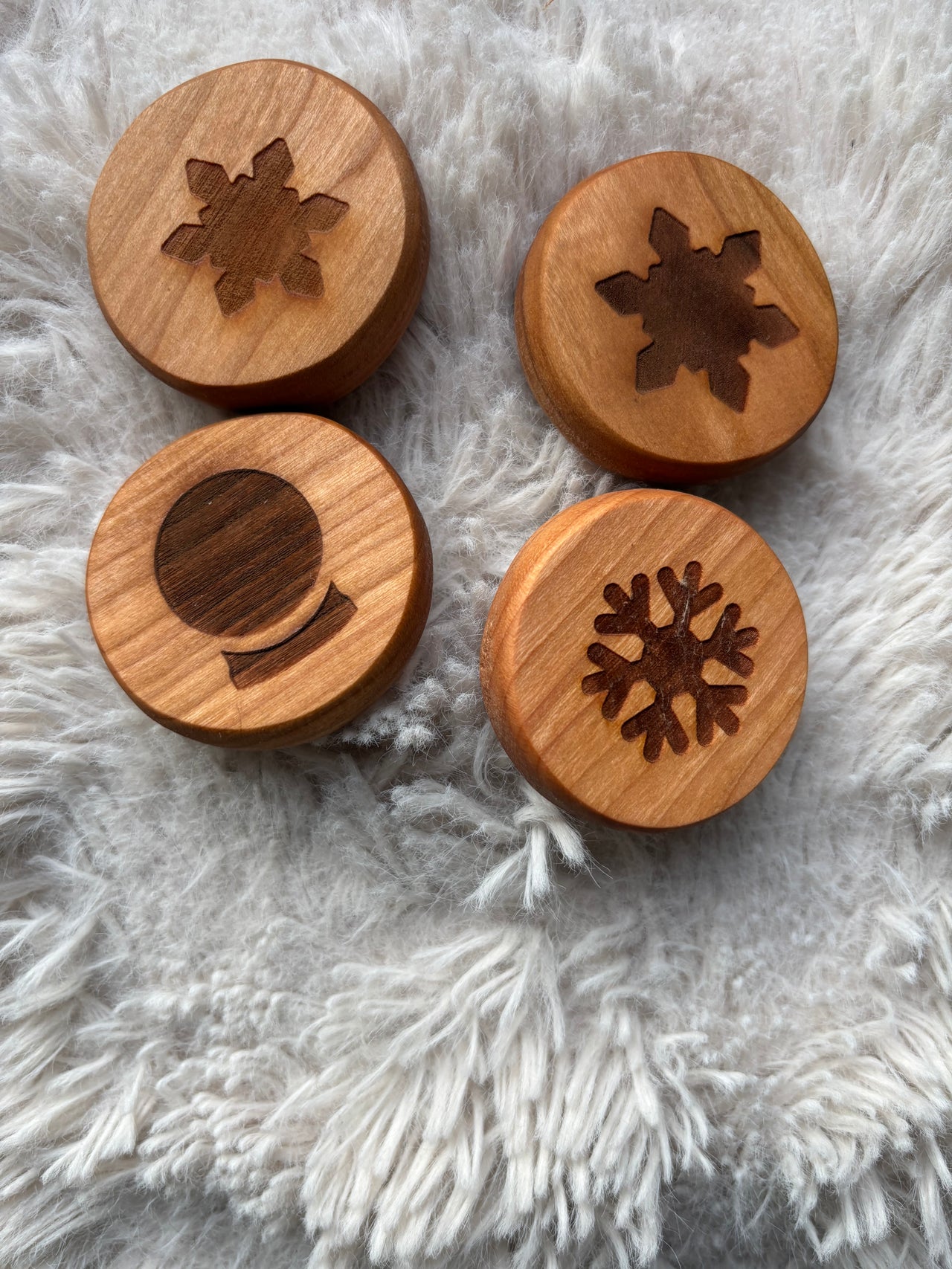 Ready to Ship, Playdough Stampers Winter featuring handcrafted wooden stampers with carved winter-themed designs including snowflakes and a snow globe, unique homeschool education resources and wood toys.