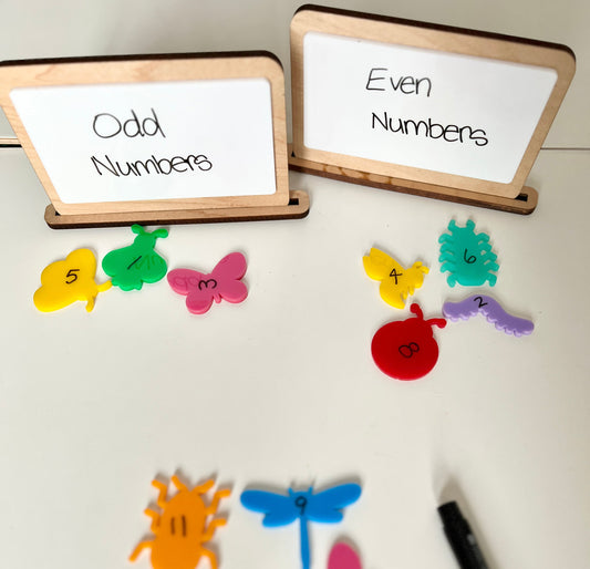 Dry Erase standing signs on a white surface with 'Odd Numbers' and 'Even Numbers' labels.