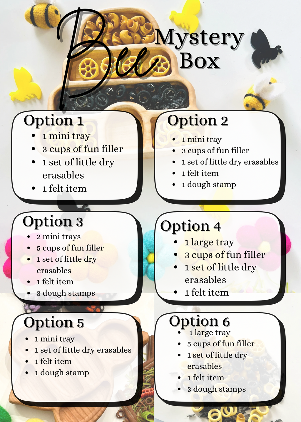Bee Mystery Box options text overlay on a white surface with yellow and black felt bees and containers of wooden shapes and pasta fillers