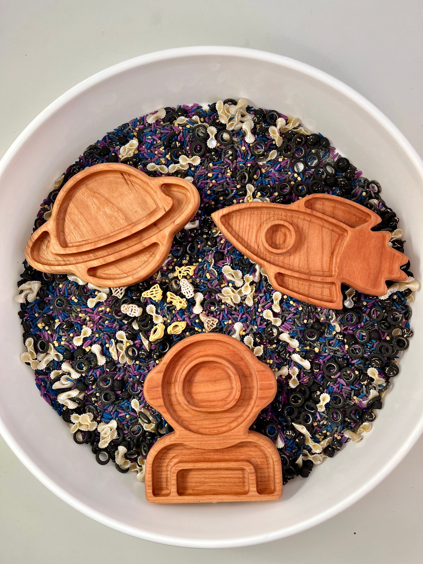 Mini Astronaut, Spaceship, Moon and Saturn Planet Plates / Sensory Trays