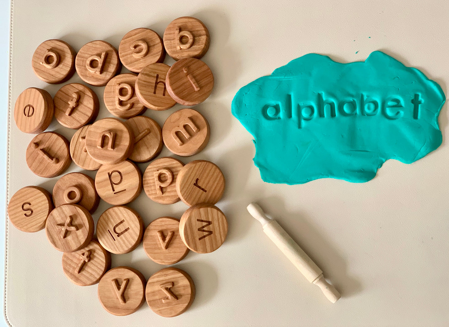 Lowercase Alphabet Play Dough Stampers — Cherry Wood