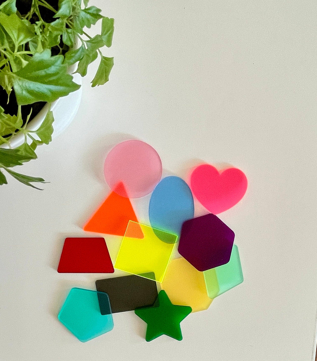 Collection of translucent colorful acrylic shapes including circle, heart, star, and polygons on white surface near green plant