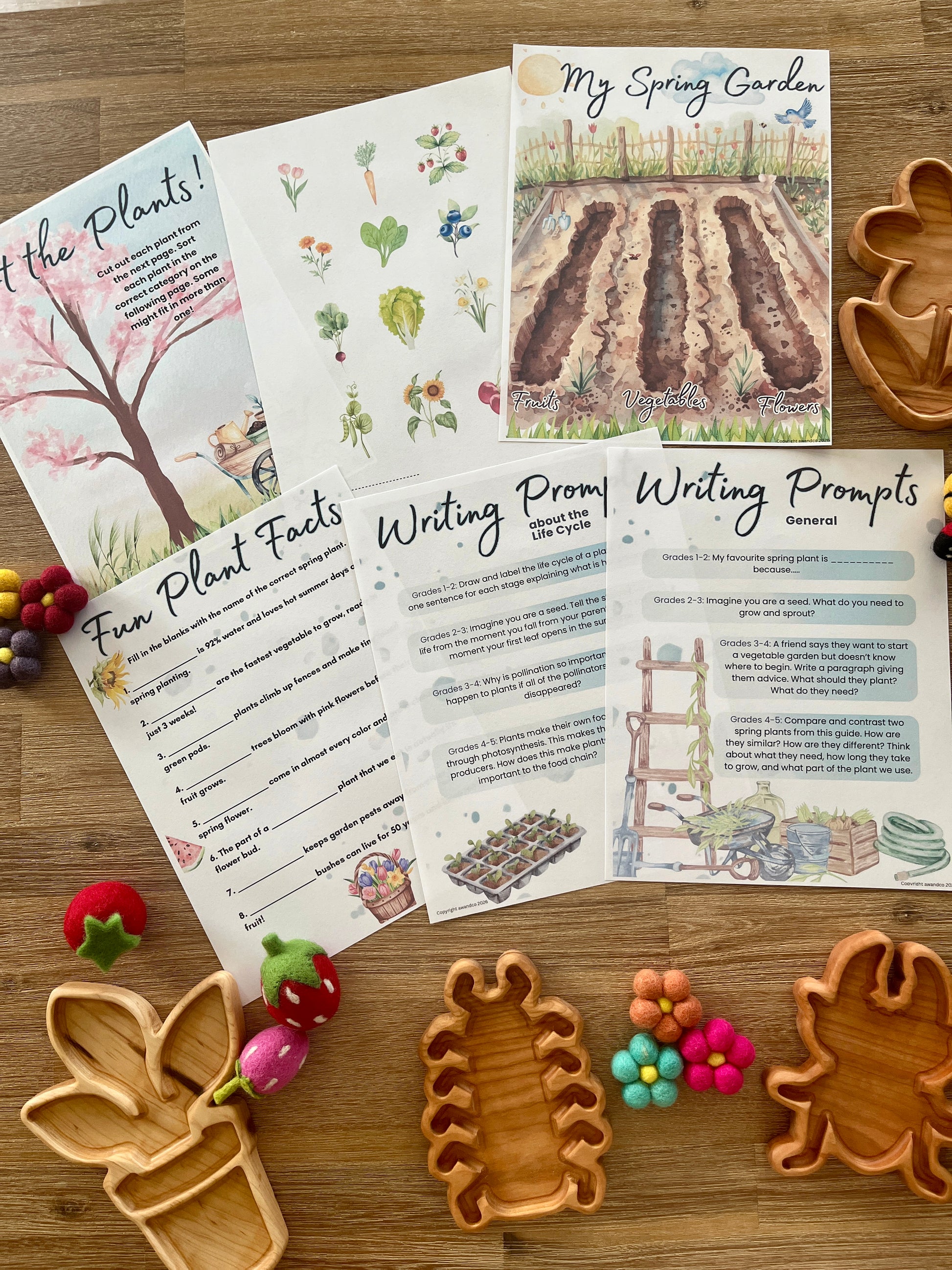 Assortment of colorful printable homeschool pages featuring spring garden illustrations, plant facts, and writing prompts arranged with handcrafted wood trays and felt sensory toys for Digital Download | Spring Gardening Complete Unit Study with unique handcrafted homeschool education resources.