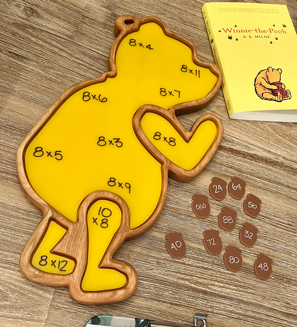 Winnie the Pooh Plate / Sensory Tray - Two sizes available with a handcrafted wooden bear-shaped tray featuring yellow dry erase surface and multiplication problems, wooden acorn pieces with answers, homeschool educational resources