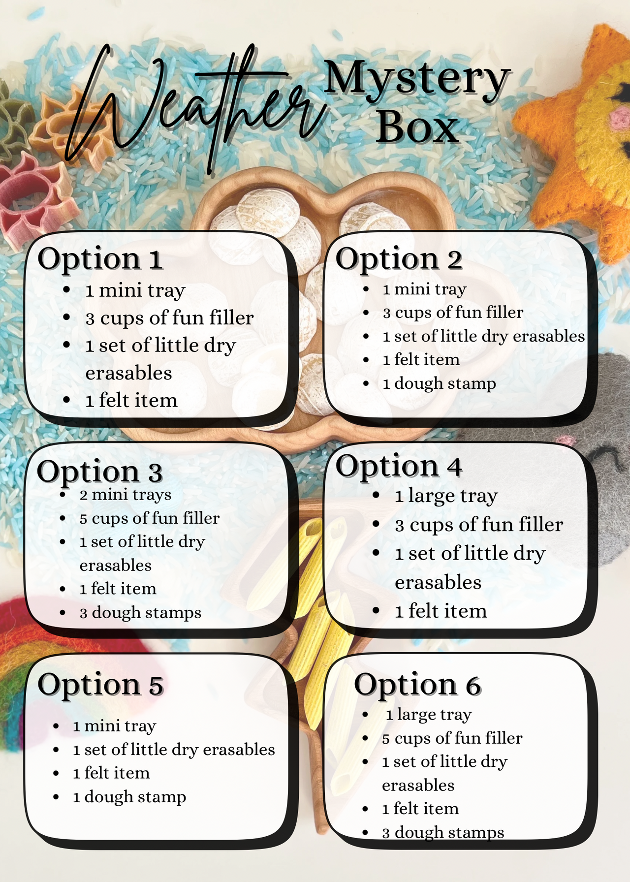 Text overlay showing six Weather Mystery Box options with wooden trays, felt sun, and colorful rice filler background