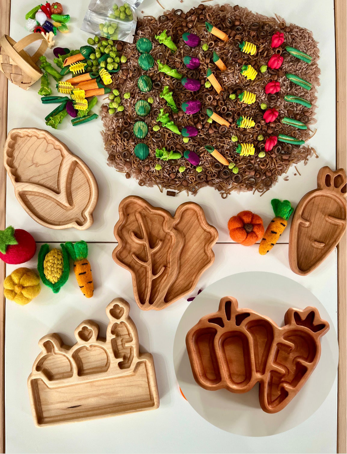 Mini Vegetable Trays; Radish / Turnip / Onion, Peas, Corn, Carrot, Lettuce, Bell Pepper / Carrot Combo and Basket of Veggies