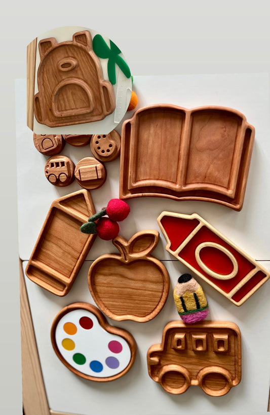 Mini Back to School Wooden Plate / Sensory Tray | Book, Pencil, Crayon, Backpack, Bus, Apple and Paint Palette Trays