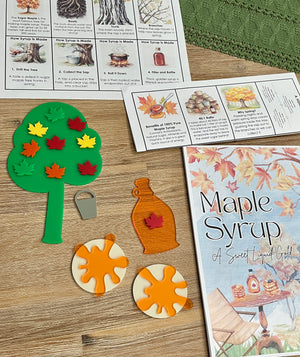 Little Dry Erasables - Pancakes with Maple Syrup, Maple Tree and Leaves featuring educational printable sheets, a green maple tree with colorful leaf magnets, maple syrup bottle, syrup pancakes, and a small bucket, handcrafted homeschool education resources.