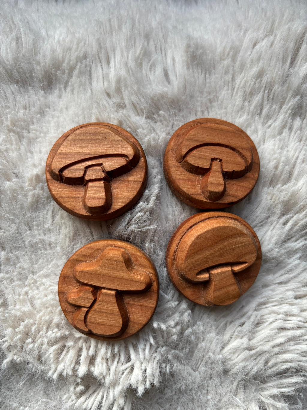 Ready to Ship, Playdough Stampers Mushroom Themed featuring handcrafted wooden stampers with carved mushroom designs, unique homeschool educational resources and wood toys.