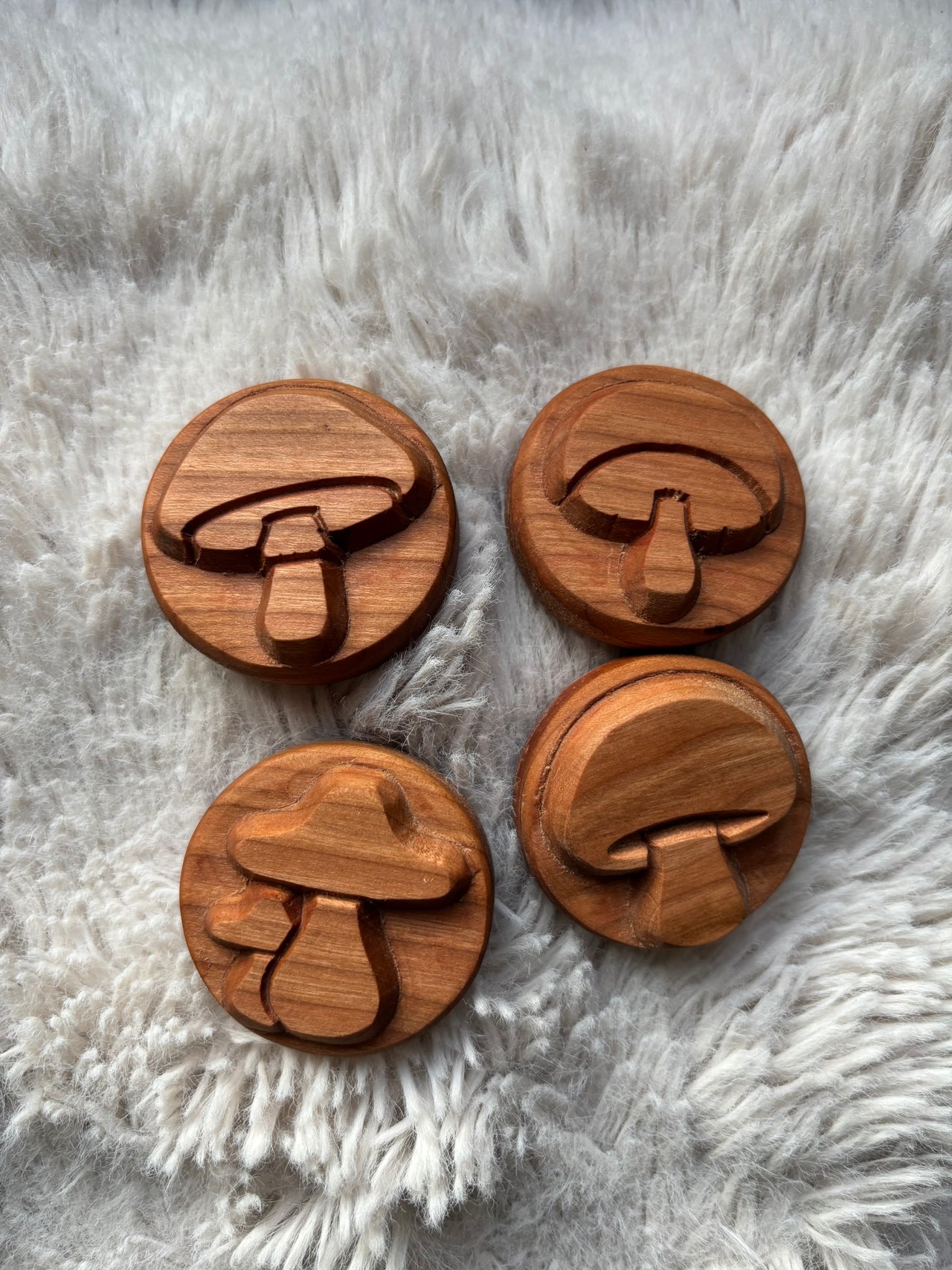 Ready to Ship, Playdough Stampers Mushroom Themed featuring handcrafted wooden stampers with carved mushroom designs, unique homeschool educational resources and wood toys.