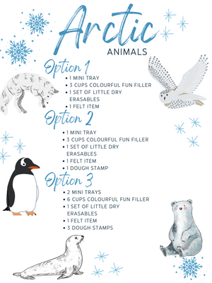 Text overlay listing three Arctic animal bundle options with illustrations of a fox, snowy owl, penguin, seal, and polar bear on white background