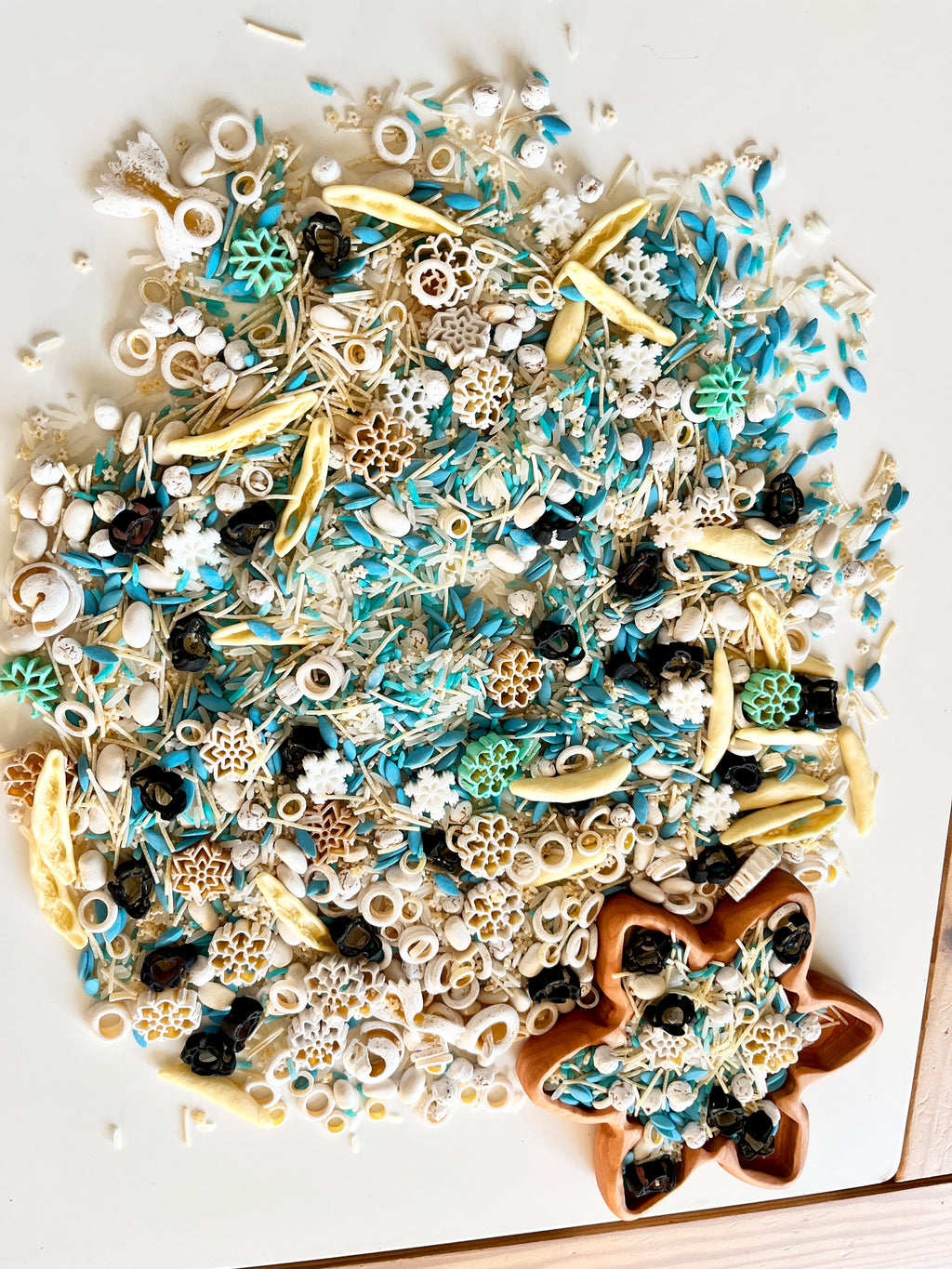 Assorted small sensory materials including colorful beads, dried botanicals, and seed pods on white surface with clay star shape