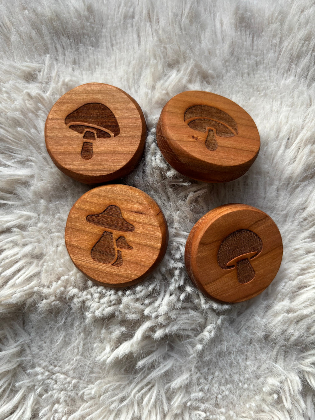 Ready to Ship, Playdough Stampers Mushroom Themed featuring smooth handcrafted wooden stampers with carved mushroom shapes, designed as unique homeschool education resources and wood toys.