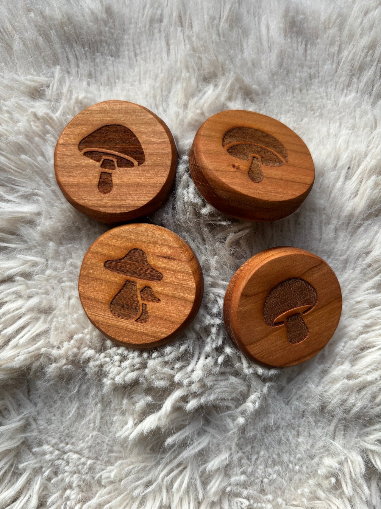 Ready to Ship, Playdough Stampers Mushroom Themed featuring smooth handcrafted wooden stampers with carved mushroom shapes, designed as unique homeschool education resources and wood toys.