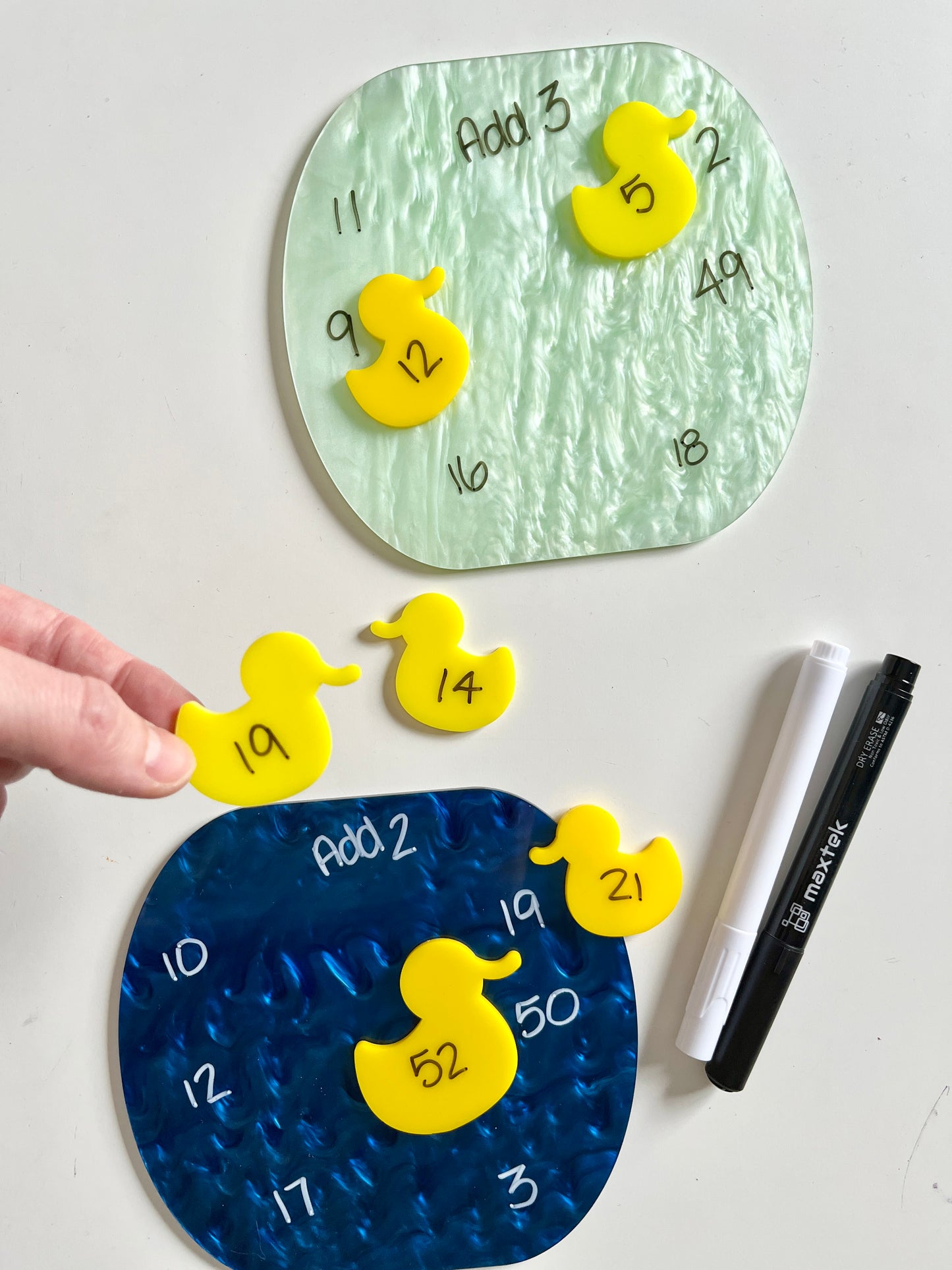 Colorful dry erase fish around a marble dry erase pond on a white background