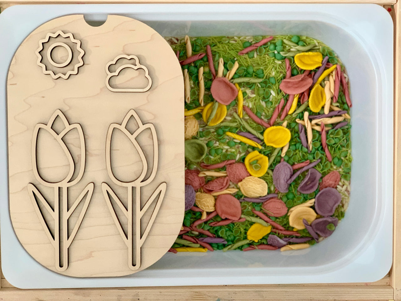 White sensory bin filled with green peas and colorful dried pasta with a wooden flower and weather shape puzzle lid on top