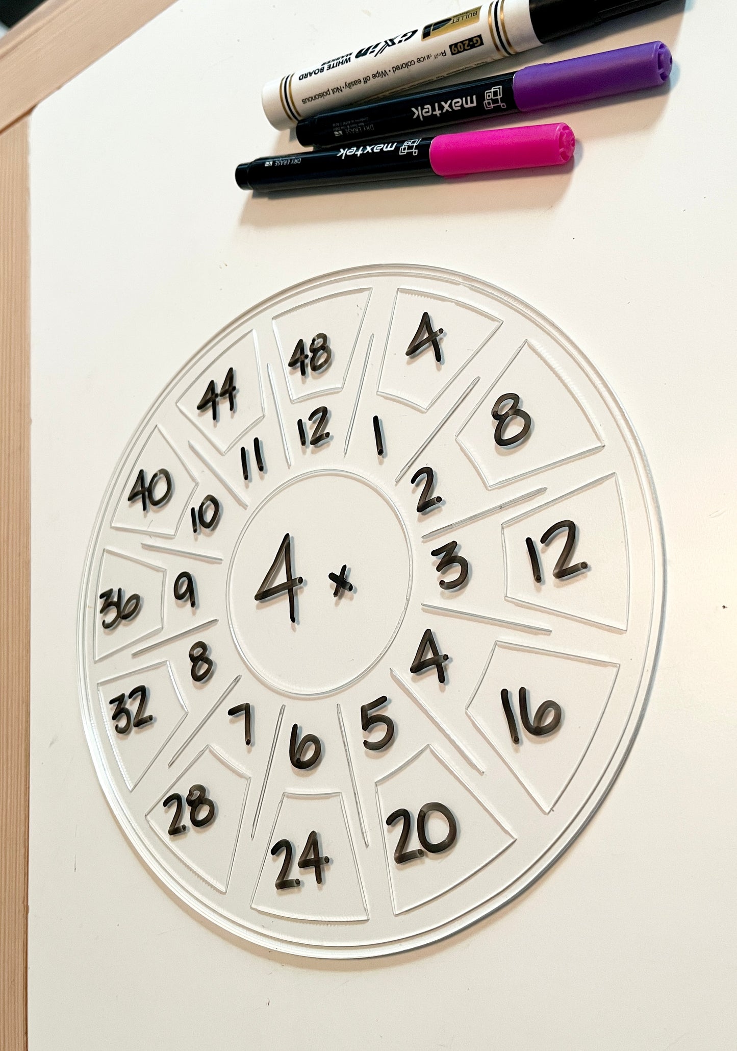 Circular math chart with numbers on a dry erase board, accompanied by markers.