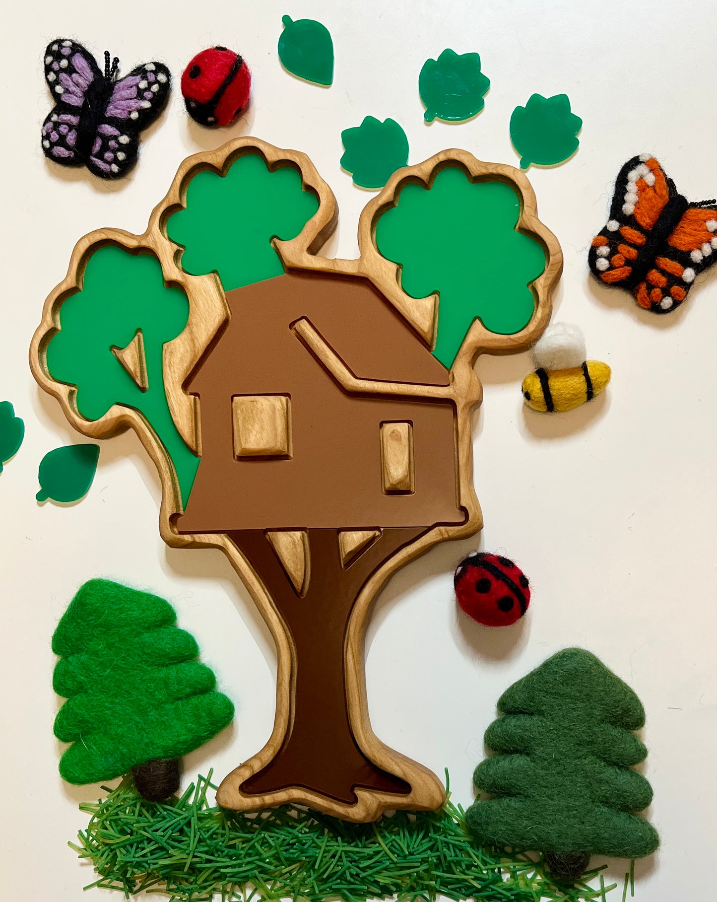 Treehouse wooden tray with dry erase inserts and decorative elements on a white background