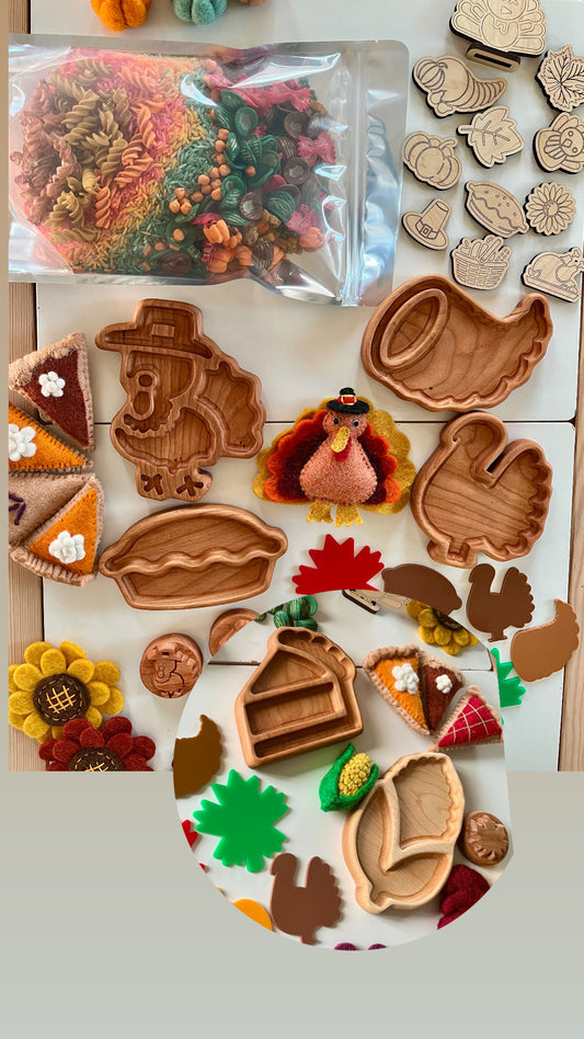 Mini Thanksgiving Wooden Plates / Sensory Tray | Turkey, Pie Slice, Pie, Cornucopia, Pie, Corn