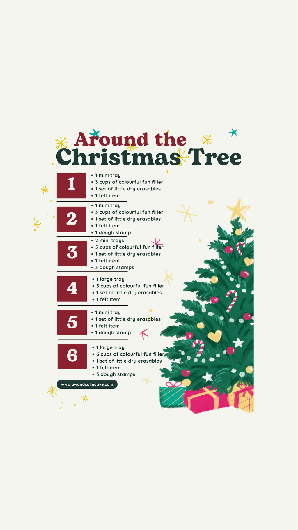 Christmas-themed activity list numbered 1 to 6 beside decorated tree with candy canes, ornaments, and presents below star topper