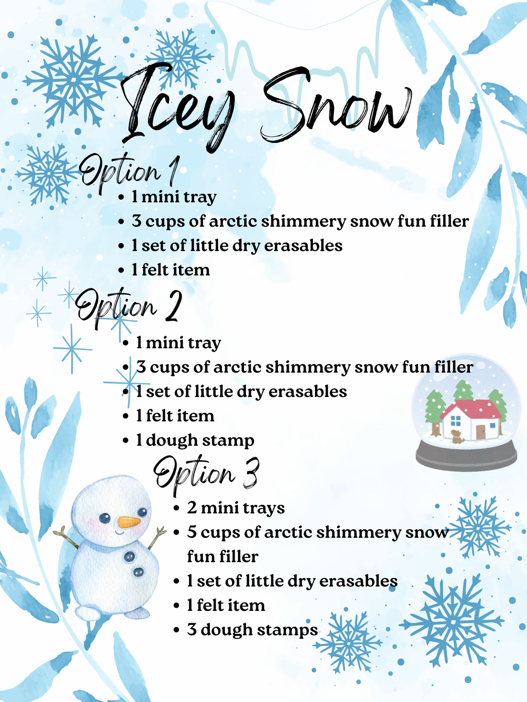 Winter-themed product options list with snowflakes, a snowman illustration, and a snowy village inside a snow globe design