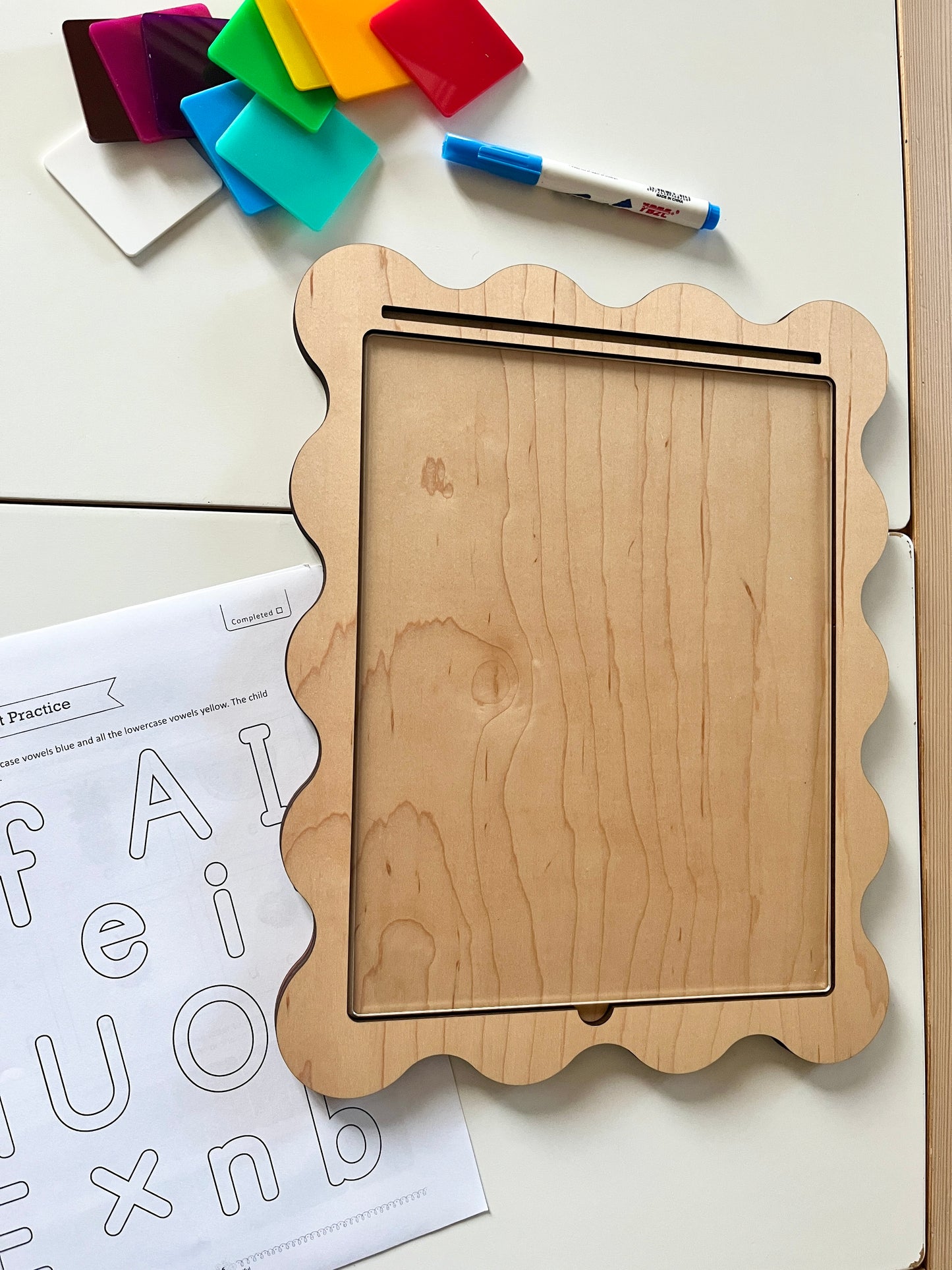 Laser Cut Writing Sensory Tray for 8.5 x 11 sheets with Dry Erase Inserts and Slot for Acrylic