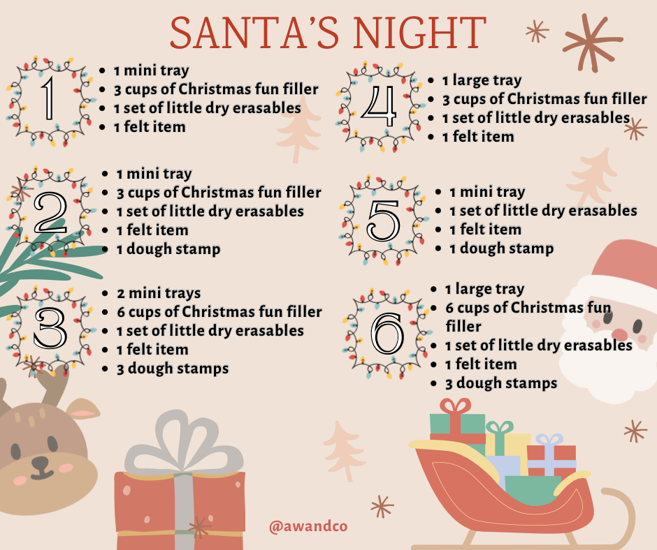 Santa's Night activity kit list with trays, Christmas fun filler, dry erase sets, felt items, and dough stamps on festive background