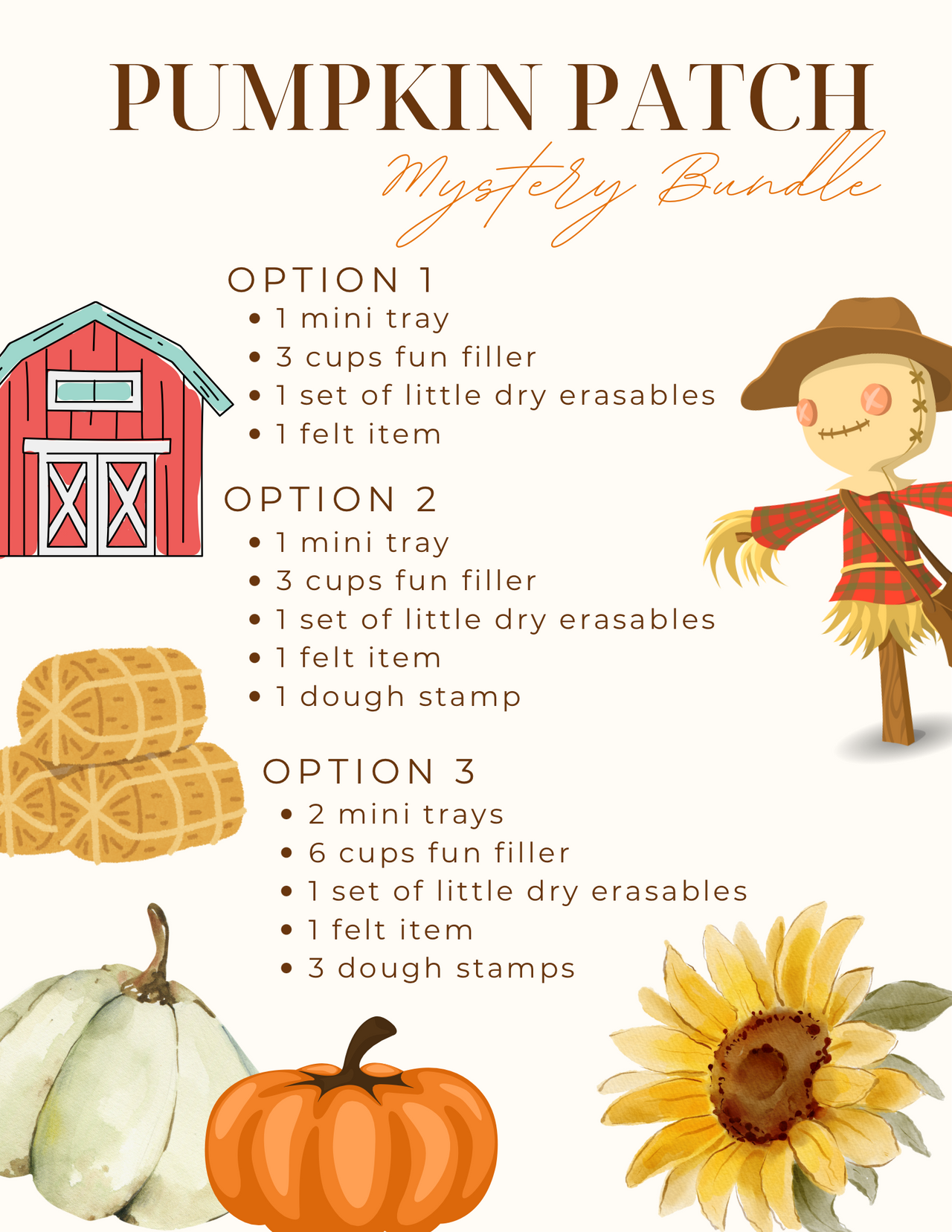 Illustrated Pumpkin Patch mystery bundle choices with hay bales, barn, scarecrow, pumpkins, and sunflower decorations on light background