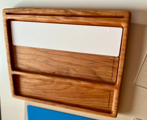 Smaller wooden multipurpose sensory tray with white dry erase insert and carved groove sections on wood surface