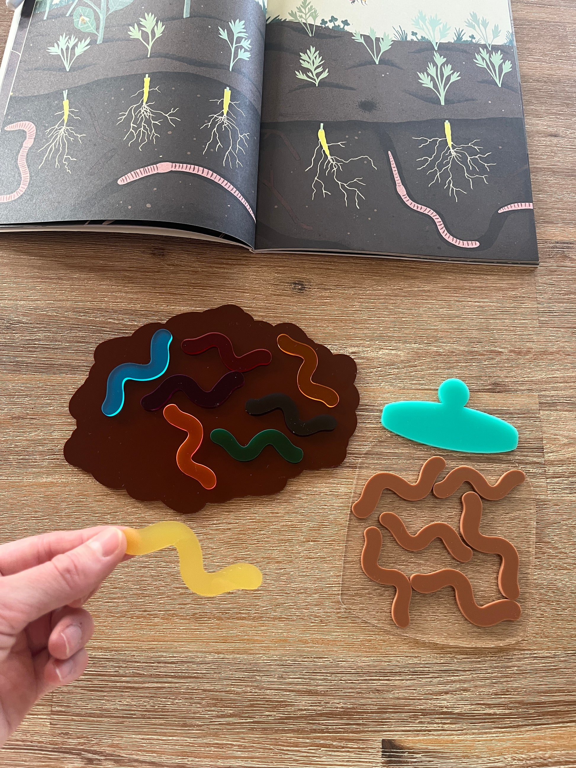 Little Dry Erasables - Worms with Dirt or Jar showing colorful translucent worm shapes on a brown dirt-shaped tray, a clear jar piece, and a hand holding a yellow worm, handcrafted homeschool education resources.