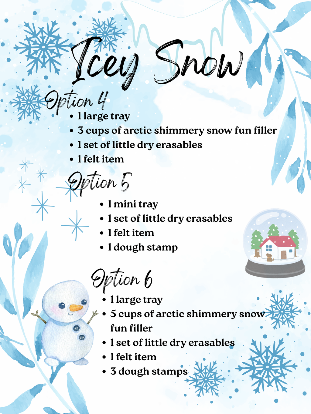 Winter-themed options list with snowflakes, blue leaves, a snowman illustration, and a small snowy village inside a snow globe design