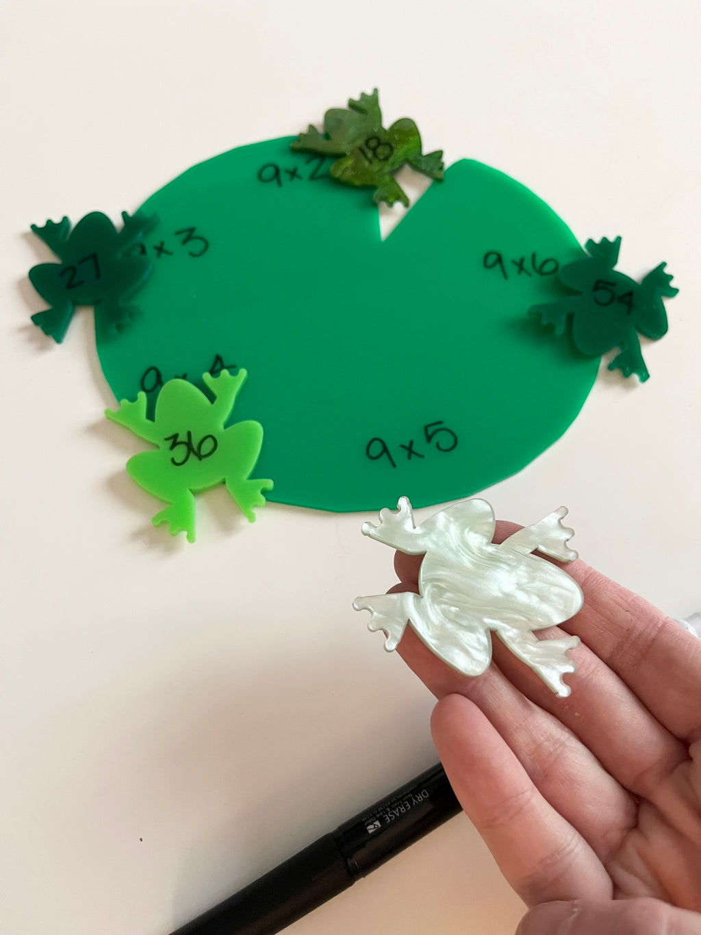 Little Dry Erasables - Lilypad with Frogs showing a green lilypad with multiplication facts and colorful frog-shaped pieces including one pearlescent frog held by a hand, handcrafted homeschool education resources.
