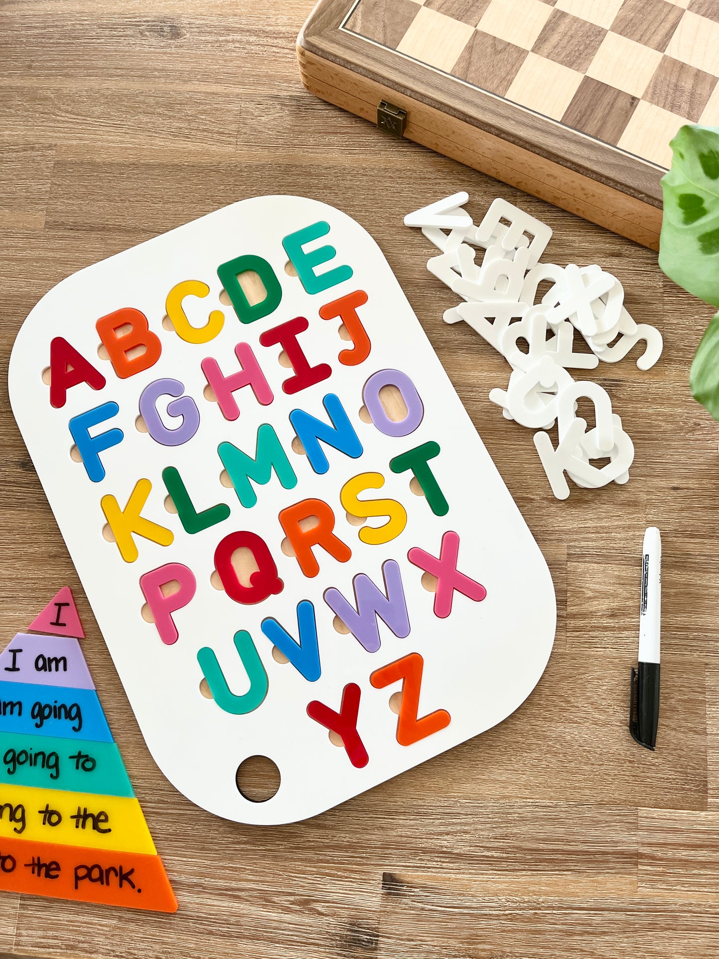 Acrylic Dry Erase Alphabet Puzzle Flisat Table Top Insert with Both Rainbow and White Letters