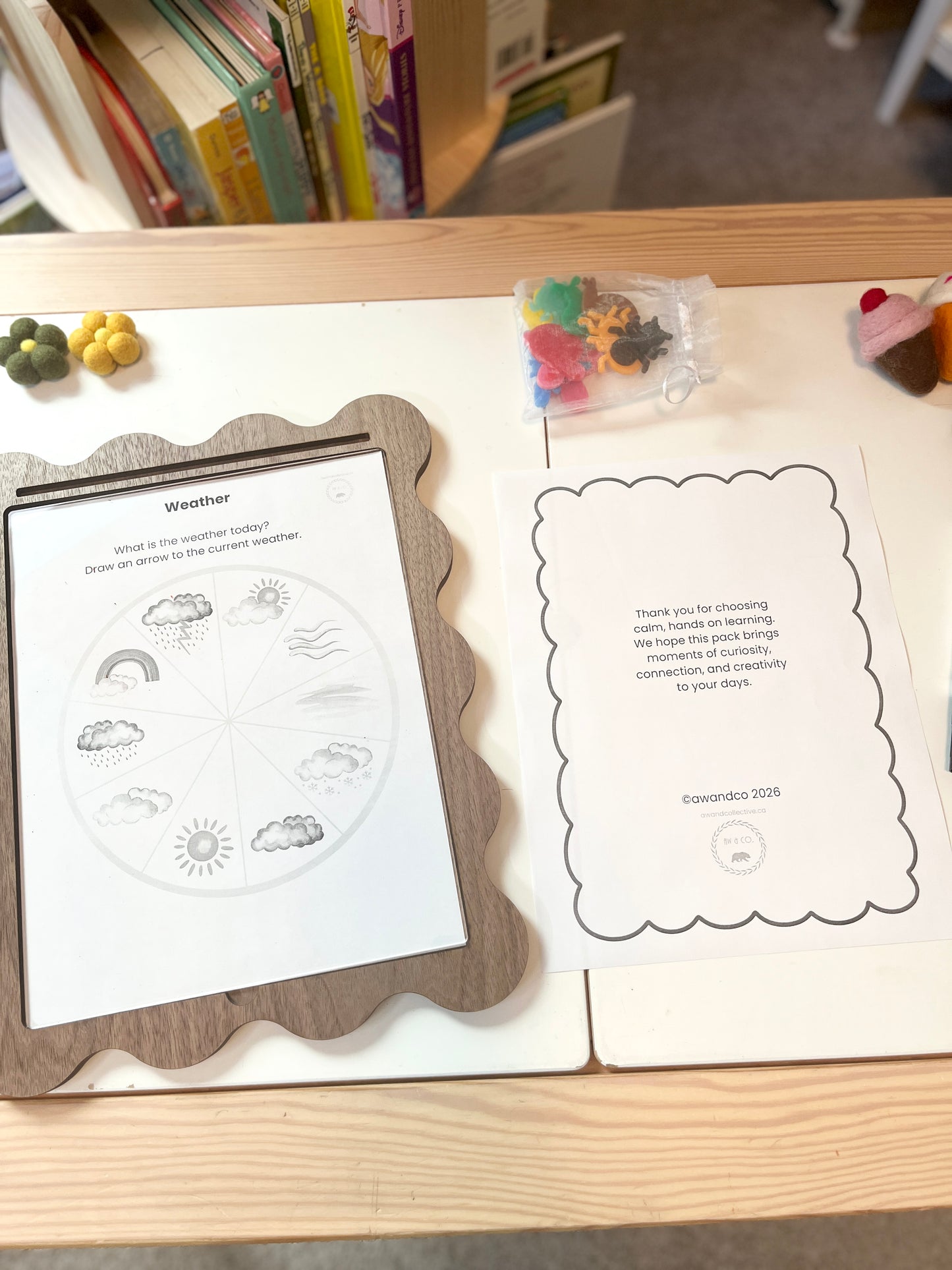 Educational materials on a table with books in the background