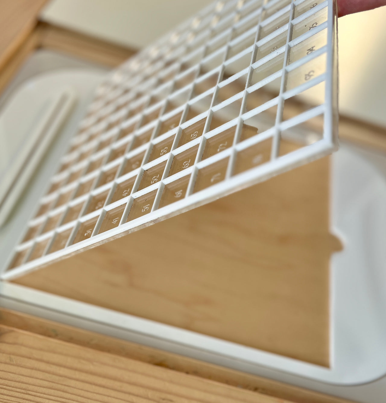 White plastic grid tray with square compartments positioned above an empty light wooden box on a wooden surface