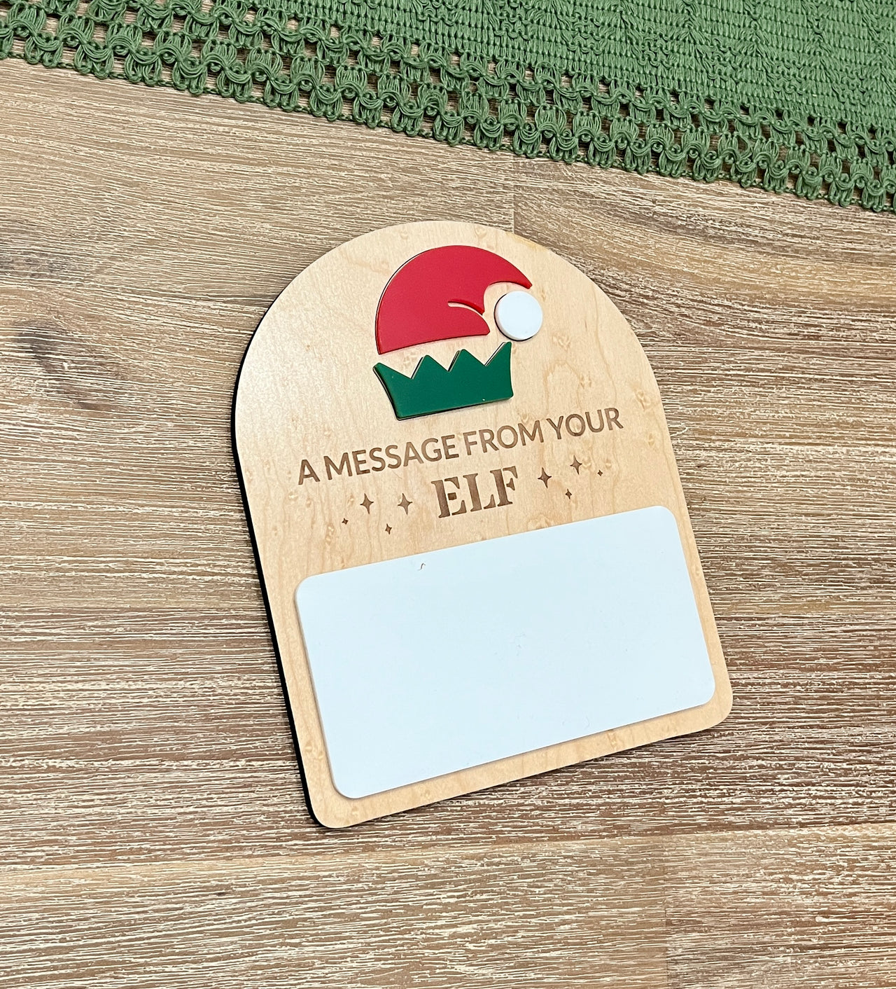 Ready to Ship A Message From Your Elf Dry Erase Mini Sign handcrafted from wood with festive elf hat design, ideal homeschool educational resources for creative holiday messages.