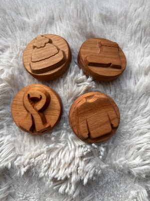 Ready to Ship, Playdough Stampers Winter Clothing featuring handcrafted wooden stampers with carved winter wear designs including a beanie, mitten, scarf, and sweater, handcrafted homeschool education resources and wood toys.