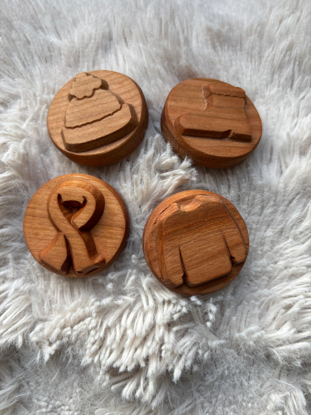Ready to Ship, Playdough Stampers Winter Clothing featuring handcrafted wooden stampers with carved winter wear designs including a beanie, mitten, scarf, and sweater, handcrafted homeschool education resources and wood toys.