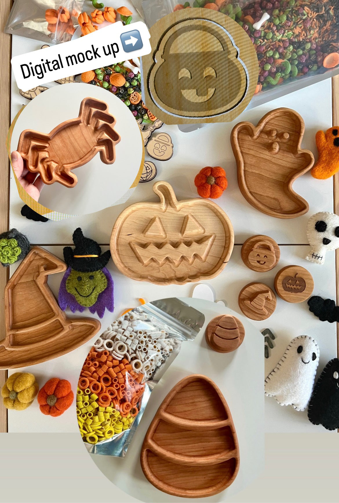 Mini Halloween Wooden Plates / Sensory Tray | Witch Hat, Jack O Lantern, Halloween Bucket, Candy Corn, Ghost, and Spider